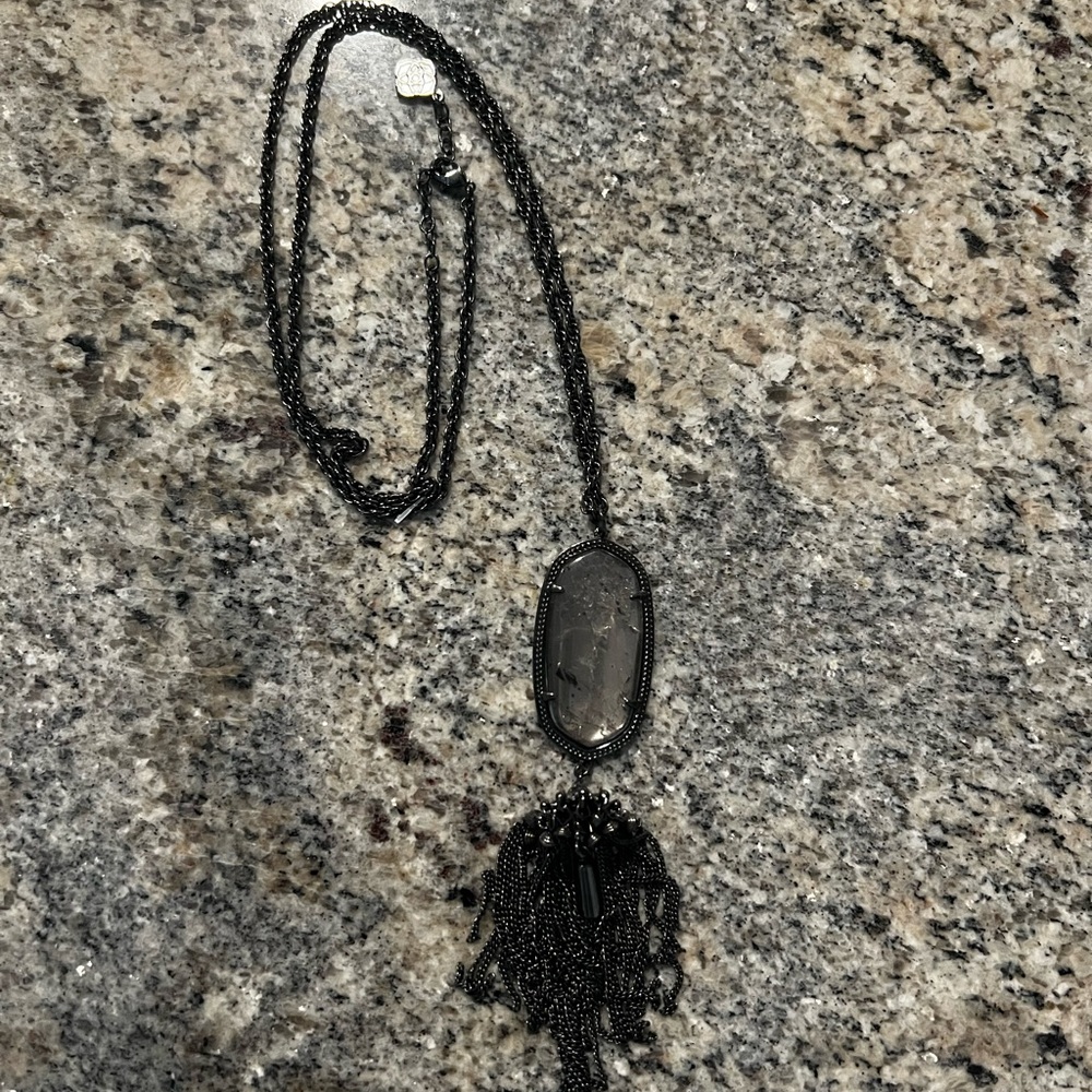 Kendra Scott Long Necklace Rayne Pendant Gunmetal Tone Chain Tassel